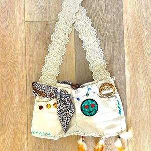 Denim,RawEdge bags handmade by Salina. Fun and funky. Khaki denim crossbody .
